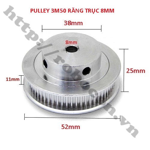 PULLEY BÁNH RĂNG NHÔM 3M50 50 RĂNG RỘNG ĐAI 11MM TRỤC 8MM 